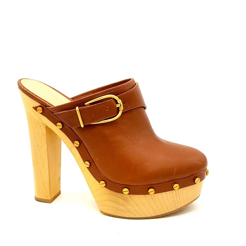 Veronica Beard Tan Leather Clogs with Gold Details